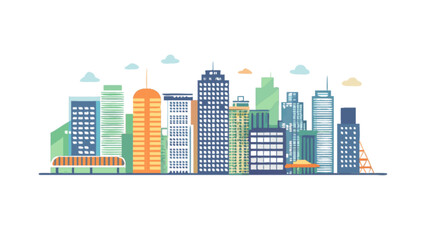 Illustration of a diverse city skyline isolated on white background, showcasing modern architecture, skyscrapers, and urban landscape in a minimalist and graphic style