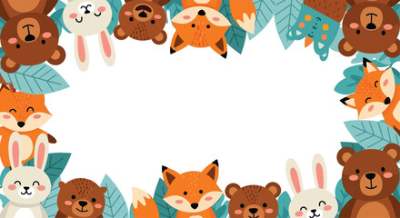Fototapeta premium Cute animal frame background in flat vector illustration, cartoon animals peeking from the border—bunny, fox, bear—with white center space for message