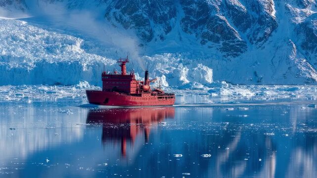 Vivid red icebreaker making its way through a serene icy tableau skimming over frostcovered waters reflecting the harmony of human ingenuity and natures formidable beauty in polar regions.
