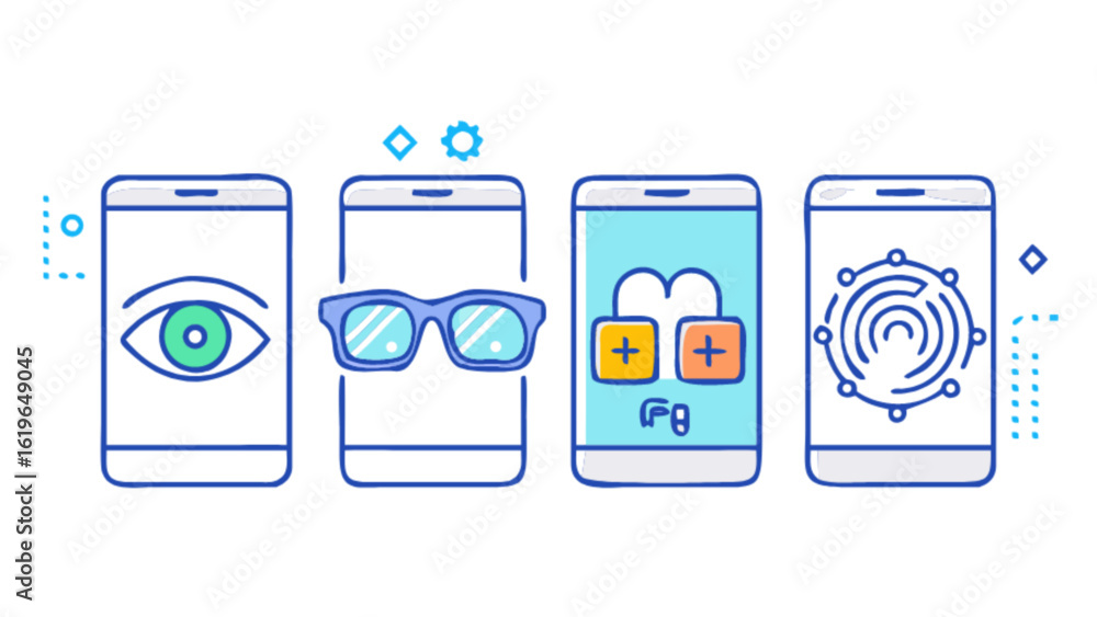 Poster modern smartphone technology concept with eye, glasses, cloud and fingerprint icons isolated on whit