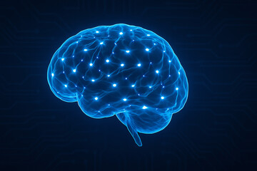 Illuminated neural network brain glowing with vibrant blue light, representing intelligence and innovation