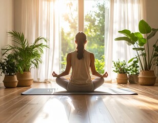 Woman practicing morning yoga, finding inner balance with wellness, meditating at home in a sunlit room.