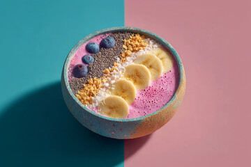 Healthy smoothie bowl with fresh fruit and superfood toppings, styled on a pink and teal split backdrop.