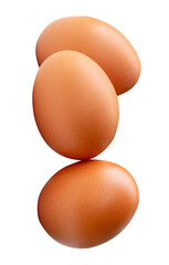 Three brown chicken eggs in stack isolated with clipping path in png file format