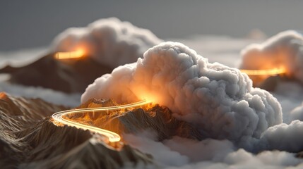 Innovative edge cloud computing concept visualization mountainous terrain digital art dramatic lighting aerial perspective