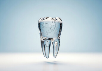Fragile glass tooth with intricate cracks symbolizes dental health vulnerability and the need for care