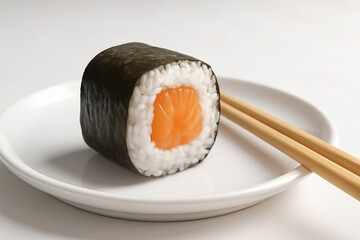 Delicious salmon sushi roll with chopsticks on a clean white plate, perfect for food blogs and menus