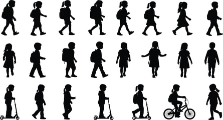 Children silhouette set, walking kids vector, backpack school children, scooter riding, bicycle pose, active boys girls black clipart