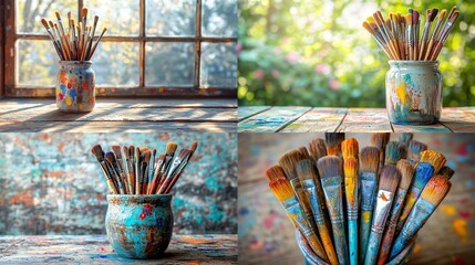Four images of paintbrushes in jars, covered in dried paint