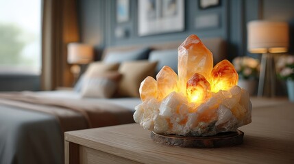 Illuminated crystal cluster in cozy bedroom edge cloud computing concept warm atmosphere indoor perspective