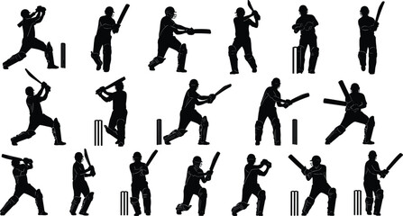 Cricket player silhouette vector, batsman illustration, sportsman hitting shots, cricket action poses, bat and stumps artwork, black shadow figures