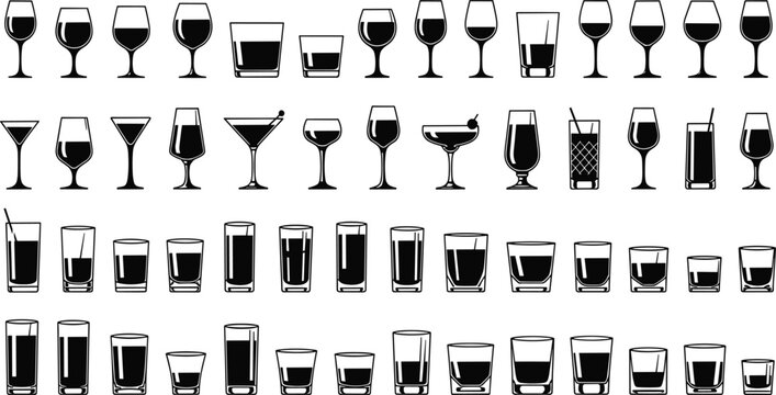 Collection of various cocktail and wine glass icons, drinkware silhouettes, black and white vector set for bar, alcohol, beverage design