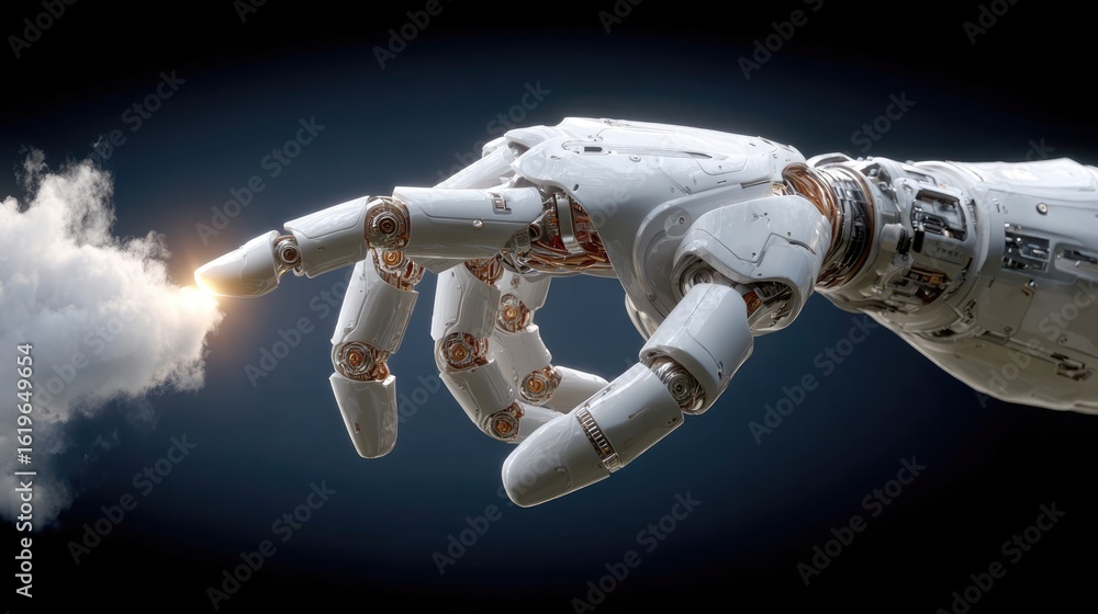 Poster robotic hand action demonstrates edge cloud computing innovation in futuristic environment close-up 