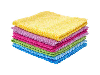 Colorful microfiber cleaning cloths stacked on each other in a bright environment isolated on transparent background, png