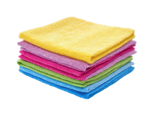 Colorful microfiber cleaning cloths stacked on each other in a bright environment isolated on transparent background, png