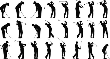 Golf player silhouette vector set, black golfer poses, swing motion, putting stance, male female athletes, sports clipart collection