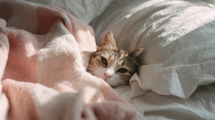 Cozy Tabby Cat Peeking from Under Pink Blanket in Bed