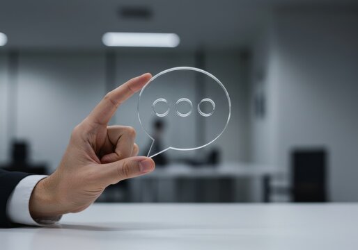 Hand holding speech bubble with ellipsis in office setting