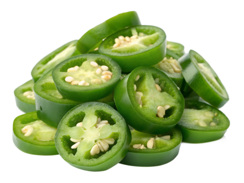 Sliced green chili peppers isolated on transparent background