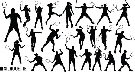Tennis player silhouette set, black vector poses, action shots, racket swing motion, male female athletes, match sport clipart collection