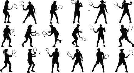 Tennis player silhouettes, black figure poses, sports action collection, male and female athletes, isolated vector set, training and match