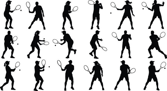Tennis player silhouettes, black figure poses, sports action collection, male and female athletes, isolated vector set, training and match