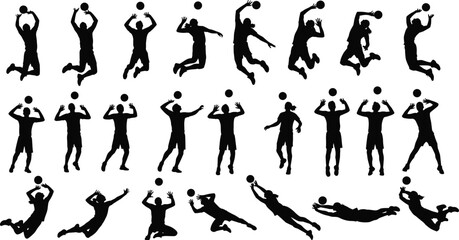 Volleyball player silhouette vector, sportsman jumping, blocking, diving action poses, black volleyball figure, athlete illustration, vector sports collection, shadow art
