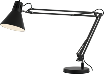 Black articulated desk lamp with an angled adjustable arm and conical shade on a circular base isolated on black transparent background