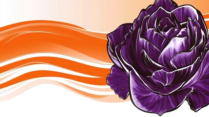 Obraz premium Detailed illustration of a dark purple rose, against an orange and white background with abstract flowing lines..