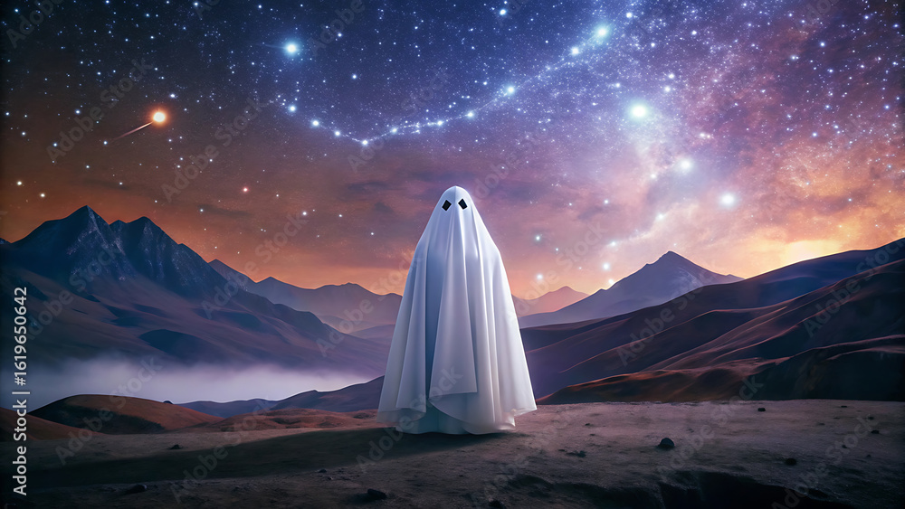 Poster minimalist ghost in simple white sheet standing motionless in a calm and dark space