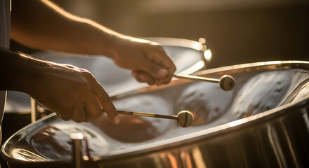 Rhythmic sounds of Caribbean culture with a steel drum player performing in the warm evening sunlight.