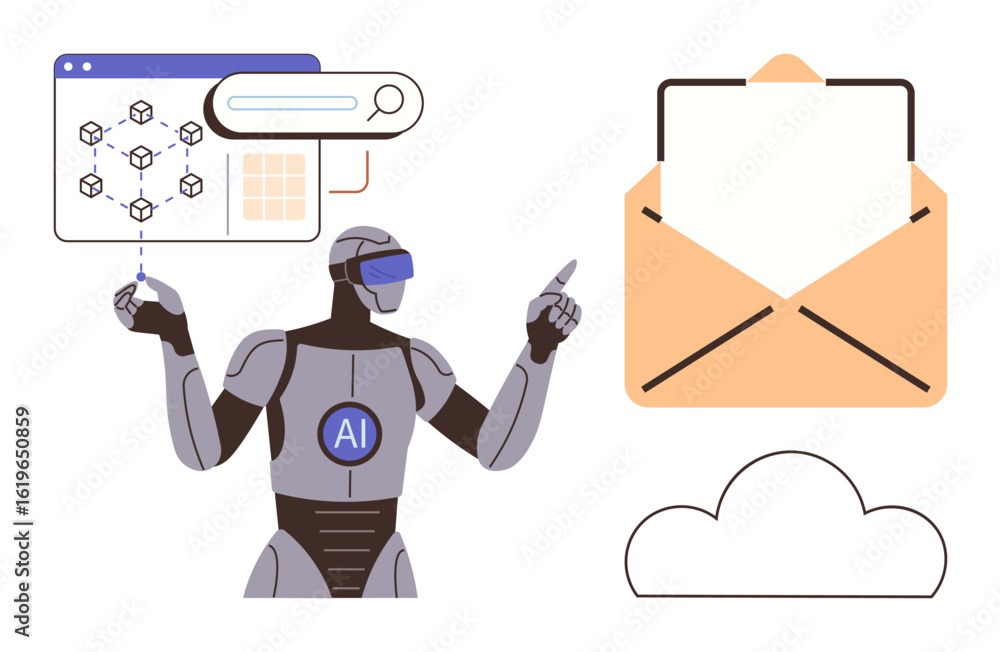 Poster futuristic robot interacting with digital data on a screen, open email envelope, and cloud graphic. 