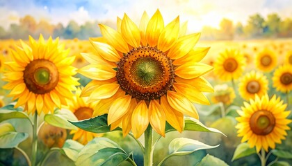 Obraz premium Vibrant sunflowers in full bloom across a sunny field in the height of summer sunflowers.