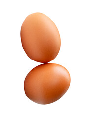 Side view of two fresh brown chicken eggs in stack isolated with clipping path in png file format
