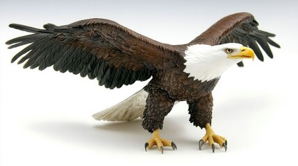 Obraz premium Detailed view of a bald eagle with outstretched wings, perched on a white background..