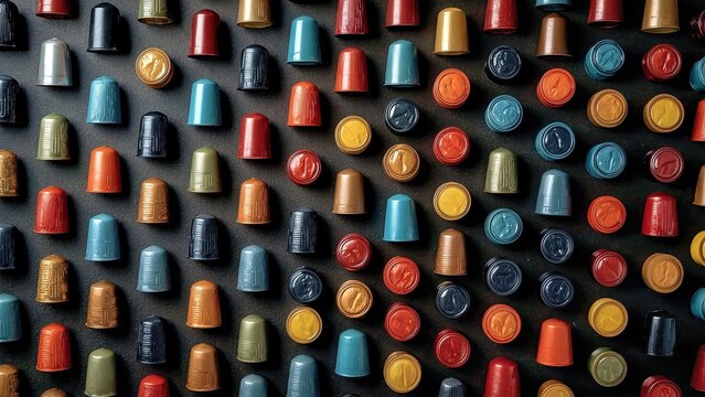 Coffee Capsule. Colorful coffee capsules arranged pattern close-up, be
