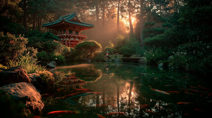 japanese zen temple deep in a bamboo forest, golden morning light, soft fog, peaceful mood, koi pond nearby