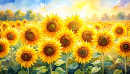 Fototapeta premium Vibrant sunflowers blooming in a field under the summer sky sunflowers.