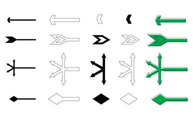 A collection of arrow icons in various shapes and sizes. Vector illustrations of directions. A collection of arrows with transparent backgrounds. Arrow direction concept.