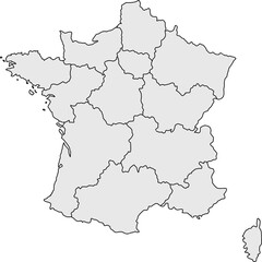Blank gray map of France with all 13 regions shown. Ideal for minimalist designs, data visualization, and political analysis