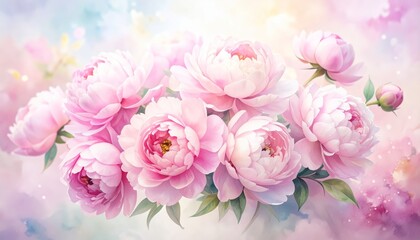 Naklejka premium Exquisite pink peonies in soft pastel bloom, a serene floral display beautiful.