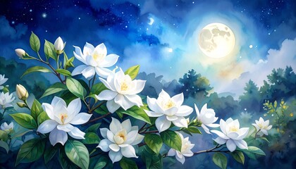 Enchanting moonlit garden, white flowers in full bloom under the lunar glow moonlit.