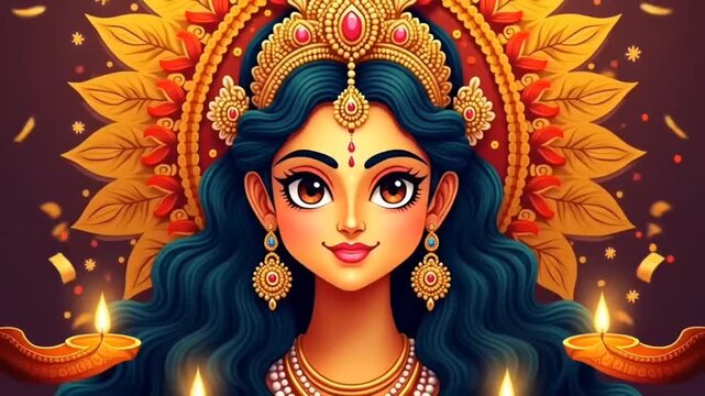 Goddess durga face in happy durga puja subh navratri card background