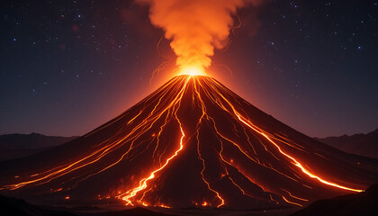 Volcano Eruption at Night with Glowing Lava and Smoke