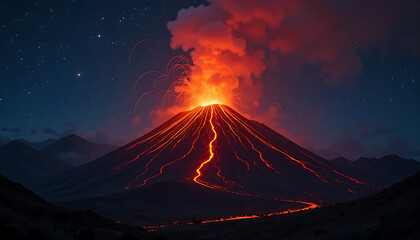 Volcano Eruption at Night with Glowing Lava and Smoke