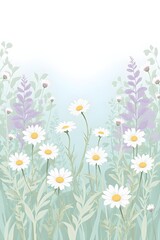 Fototapeta premium A gentle scene unfolds with white daisies and subtle purple and green foliage, creating a dreamy, ethereal feel against a soft blue sky