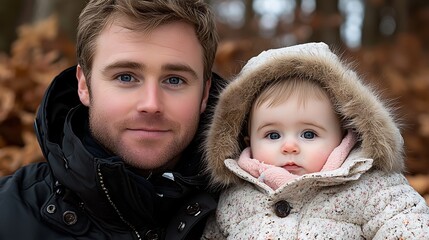 Obraz premium A father and daughter, close portrait, in winter attire.