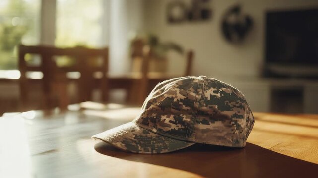 Camouflage baseball cap on wooden table in sunlit room