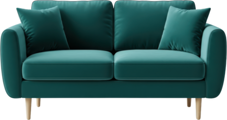 Teal velvet two seater sofa with two matching square cushions and wooden legs transparent background