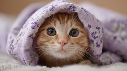 Wide-Eyed Ginger Kitten Peeking Out from Under a Floral Blanket